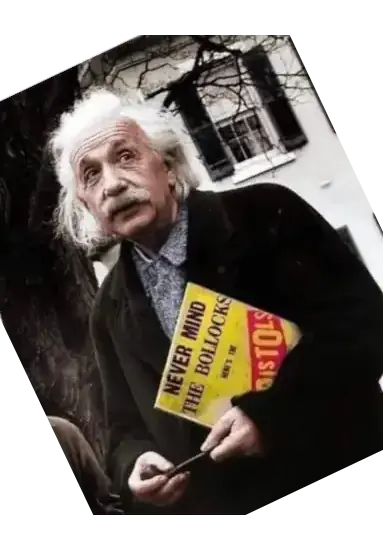 Einstein with a copy of Never Mind The Bollocks